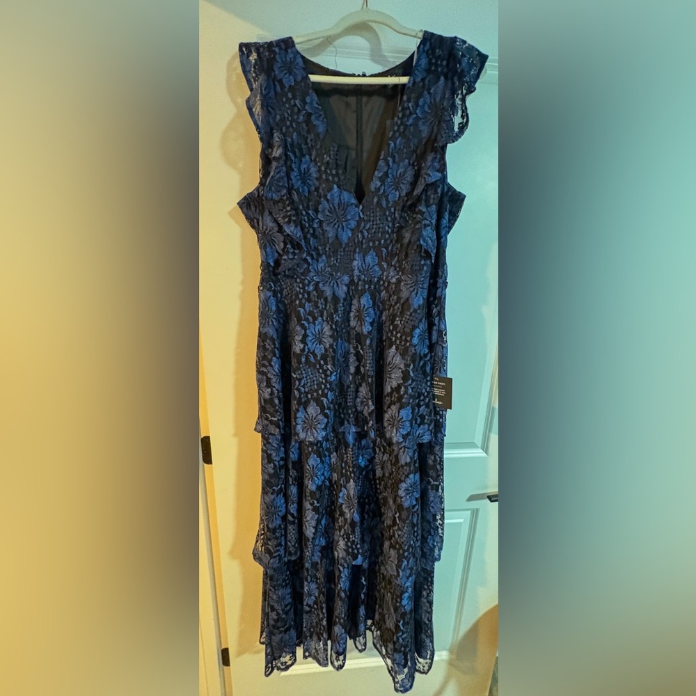 Lulus Molinetto Floral Lace Dress in Blue and Black